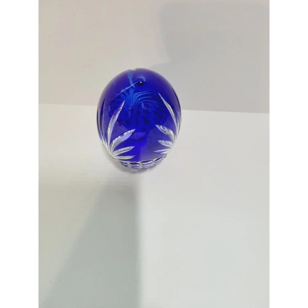 Vtg Bohemian Cobalt Blue Cut to Clear Crystal Egg Paperweight Art Glass 4.25